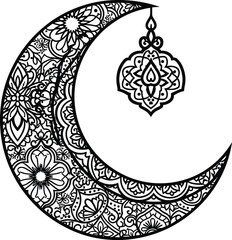 Ornate crescent moon with decorative lantern, Islamic floral geometric mandala design, Ramadan Eid cultural artwork, traditional religious vector illustration
