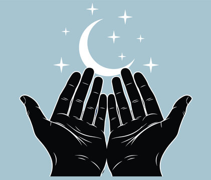 Silhouette hands raised in reverence, crescent moon and stars night sky, Islamic spiritual devotion artwork, cultural faith symbol, vector illustration