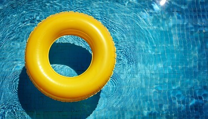 yellow swimming pool ring float in blue water concept summer background top view with copyspace