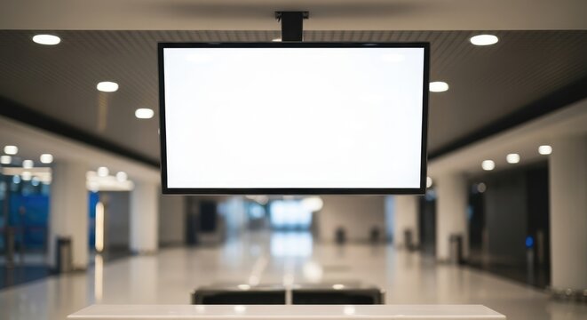 Blank digital screen display mockup in a modern airport terminal or public building hallway. Large white empty advertising monitor hanging from ceiling for information or promotion.