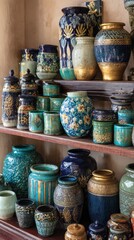 Colorful ceramic vases and jars arranged on wooden shelves in a decorative display