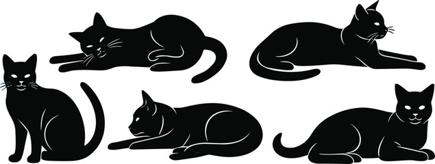 Black cat silhouettes, feline resting poses, stylized illustration, minimal design, whiskers detail, vector art, pet animal graphic design © MdBalal