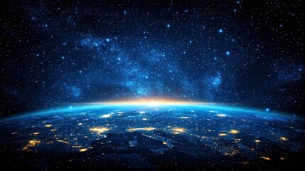 Fototapeta premium Earth horizon from space, city lights glow below
