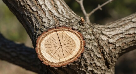 Obraz premium Close-up of a tree branch cut, revealing wood rings, bark texture, and radial lines