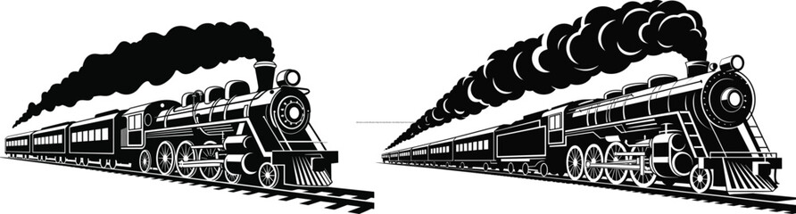 Black Steam Locomotive Silhouettes, Vintage Train Engine Illustration, Classic Railway Transport Vector Design for History, Travel, Industrial Artwork Collection Use © Ashik Creatives