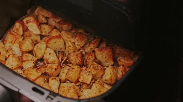 Golden Roasted Potatoes In Fryer Basket, Home Cook Removes Basket From Air Fryer, Crispy Seasoned Potato Cubes