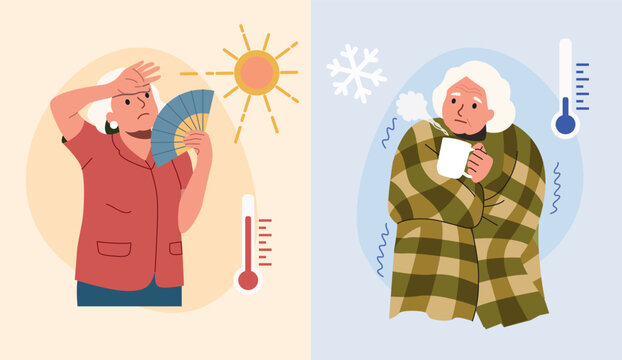 Hot and Cold Weather Contrast, Elderly Person Feeling Heat and Freezing at Home, Temperature Contrast Concept. Vector cartoon flat style illustration