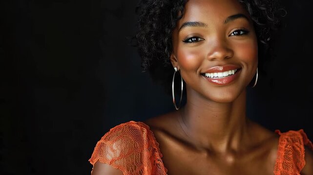 Young African American woman smiling confidently against a dark background, showcasing her vibrant orange outfit and natural beauty in a cheerful moment of self-expression