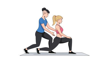Obraz premium Illustration of a woman assisting another woman in a lunge exercise on a mat with a white background.