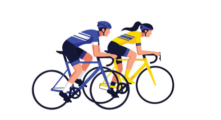 Obraz premium Illustration of a man and woman riding bicycles side by side in a minimalist style with a white background.