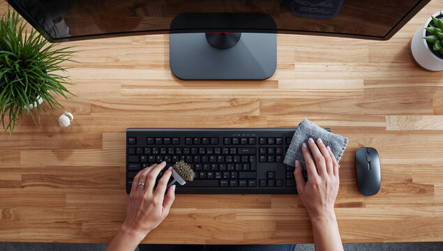 Hands cleaning computer keyboard with brush and cloth image photo