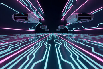 Neon Futuristic Digital Data Highway Cyberpunk Background
