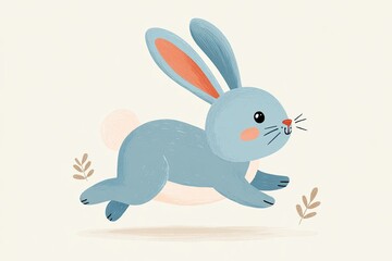 Obraz premium Flat illustration of a blue bunny in mid-run, featuring pink inner ears and surrounded by small leaves, creating a charming and playful visual appeal
