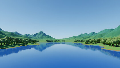 Fototapeta premium Low Poly Landscape Panorama. 3D Minimalist Scene with Green Mountains, Forest Trees, and Reflective Blue Lake Under Clear Sky. Virtual nature background.