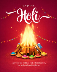 Happy Holi Holika Dahan Bonfire Festival Poster with Traditional Fire Ritual