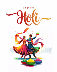 Editable Happy Holi Festival Poster with Colorful Gulal Pots and Pichkari Design
