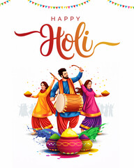 Happy Holi Celebration Poster with Dhol Players and Traditional Dance