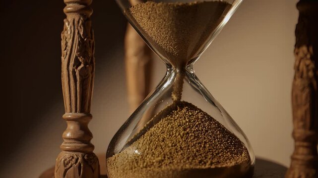 Golden sand pouring viscous through hourglass granular tactile flow