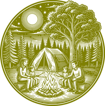 family camping in the forest, sitting around a campfire and roasting marshmallows under a full moon.