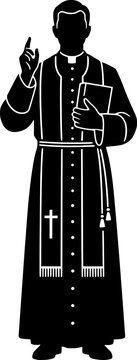 Catholic priest in traditional cassock and stole, holding a holy bible and raising a finger in a teaching gesture.