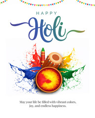 Editable Happy Holi Festival Poster with Colorful Gulal Pots and Pichkari Design