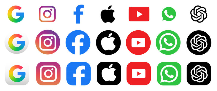 Social media icon vector set 2026. Google, instagram, facebook, apple, youtube, whatsapp, chatgpt icons.