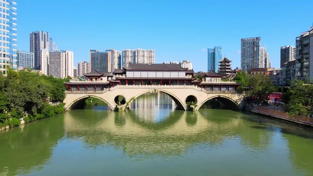 Anshun Bridge over River with Traditional Architecture, China