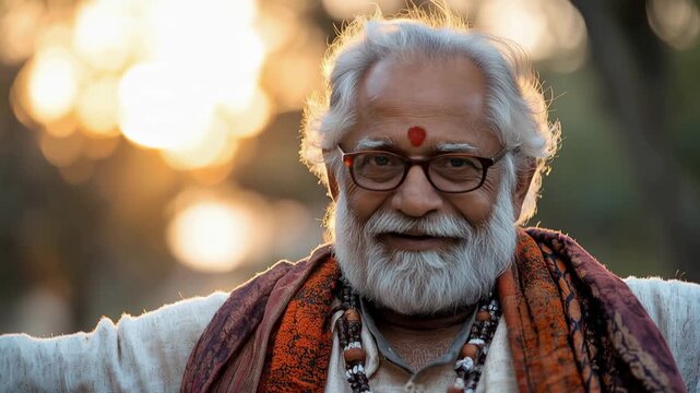 Joyful Indian senior man enjoying freedom in nature during sunset, radiating happiness and contentment with arms wide open