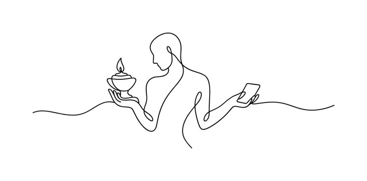 Eternal Present. Minimalistic one-line drawing human figure connecting past traditions with present-day minimal form,