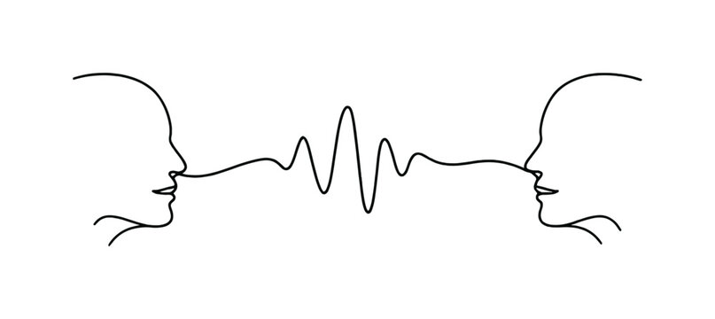 Minimalistic Virtual Communication. "Virtual communication". Minimalistic one-line drawing two faces facing each other