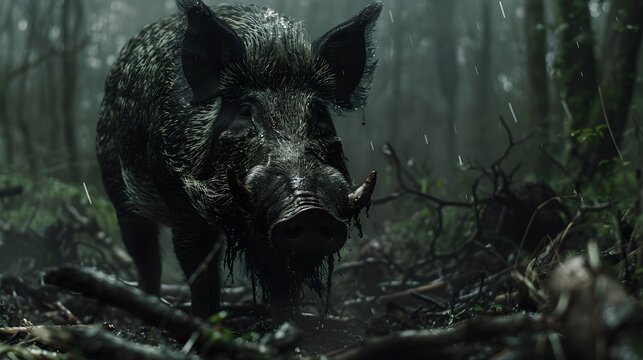 Wild boar, feral pig, dark forest, wildlife scene, animal portrait