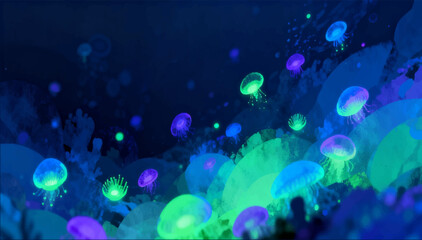 Vector illustration of the abstract glow of bioluminescent organisms in the depths of the ocean. © Dzianis