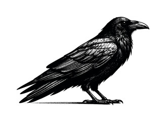 Fototapeta premium Black raven shown in profile perched as a single isolated figure, feathers rendered as bold graphic shapes, black and