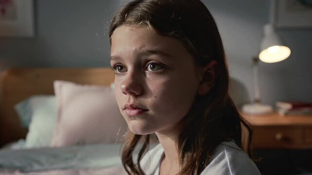 White teenage girl sitting sadly in bedroom looking away with thoughtful expression - loneliness and emotional vulnerability during adolescence concept