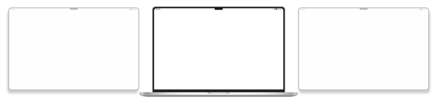 Notebook Modern Silver- notch, camera, statusbar - mockup for app presentation - 3x screens - display center