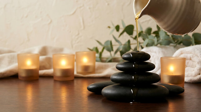 Serenity Spa Ritual: A spa still life, featuring smooth, stacked black stones being anointed with oil, surrounded by candle light, eucalyptus and soft towel, evoking tranquility and rejuvenation.