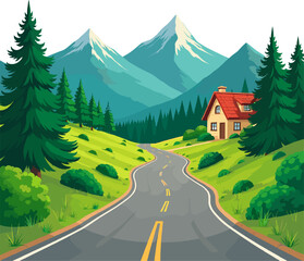Forest road with cozy house and mountain landscape, scenic countryside pathway surrounded by green trees, alpine peaks and peaceful natural environment