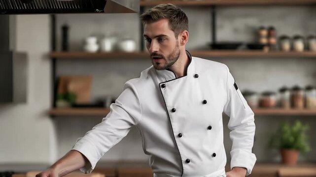 Professional male chef in elegant kitchen uniform preparing gourmet dishes in a stylish private dining setting during an exclusive culinary event