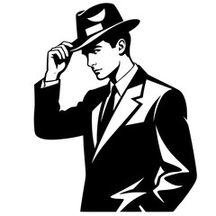 Classic Gentleman Tipping Fedora Hat Portrait - Vintage Retro Man in Suit Illustration