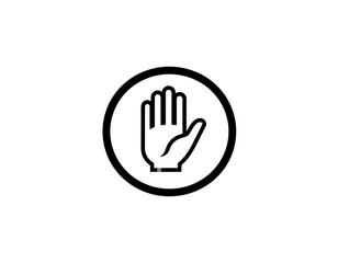 Obraz premium Black and white circular sign featuring an outlined hand, palm outward, in a simple and minimalist design. The hand shape implies a signal