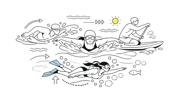 ite, only somSwimming and water sports. Swimmers cutting through water with smooth strokes, splashes forming soft