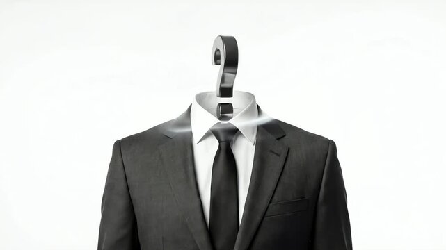 Questioning identity: A headless business suit with a prominent question mark, representing uncertainty and anonymity.