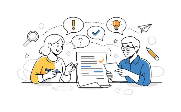 Peer Review Process. Two reviewers exchanging notes over a shared document, comment bubbles connecting ideas. Atmosphere