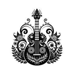 Black and white illustration of a decorated mandolin with floral patterns and leaves