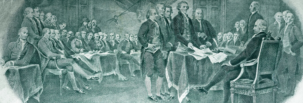 The process of signing the US Declaration of Independence July 4, 1776 on the two dollar bill. Panoramic fragment of the back side of the two-dollar bill