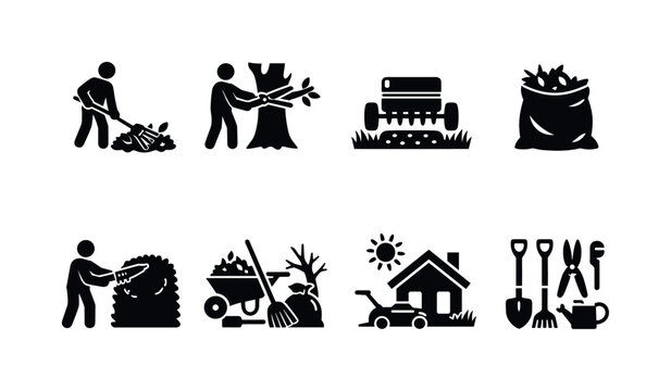 Yard care services. Filled icon set of Yard care services: leaf raking, tree trimming, lawn aeration, garden waste bag,