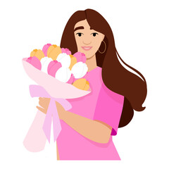 A cute young woman in a pink t-shirt holds a bouquet of tulips in her hand for Mother's Day