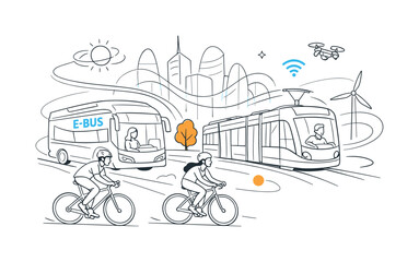 Naklejka premium Future city transportation. Electric bus and tram sharing road with bikes, abstract skyline and energy lines around.