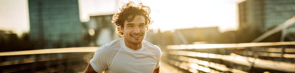 Young caucasian male jogging on urban bridge at sunrise