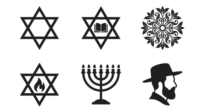 Jewish symbols collection featuring Star of David and menorah